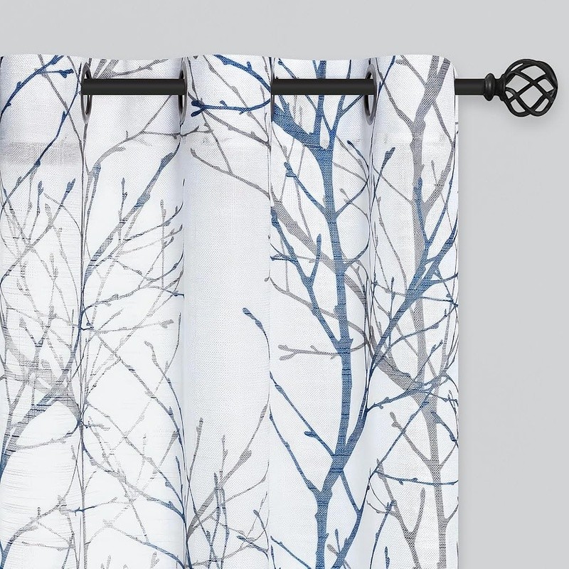 Grommet Top Light Filtering Semi Sheer Curtains Tree Branch Design Living Room
