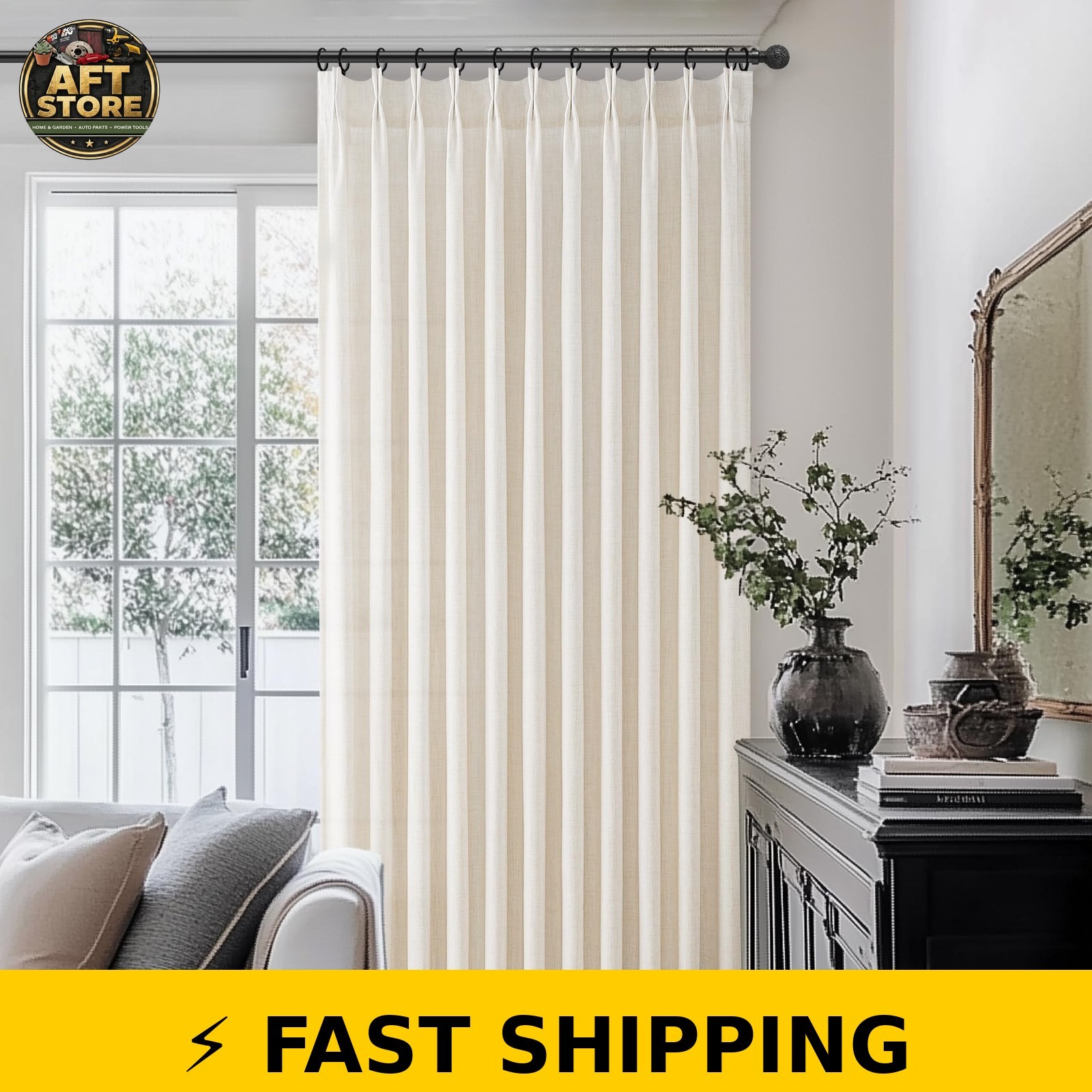 PleatedDrapes Pinch Pleated Linen Curtains 96″ Long Cream 2 Panels