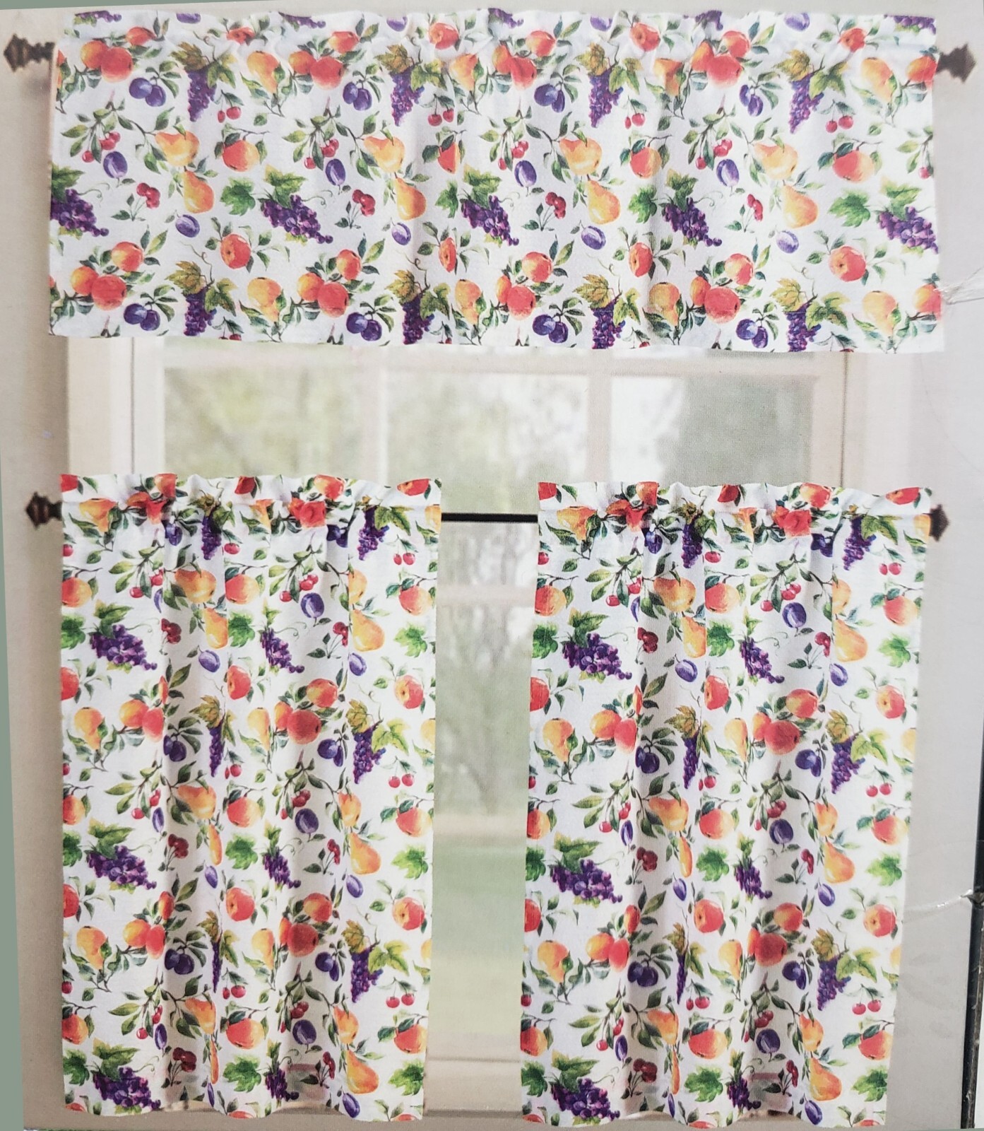 3pc Printed Kitchen Curtains Set:2 Tiers(26″x36″)&Valance(52″x18″)FRUITS,Tribeca