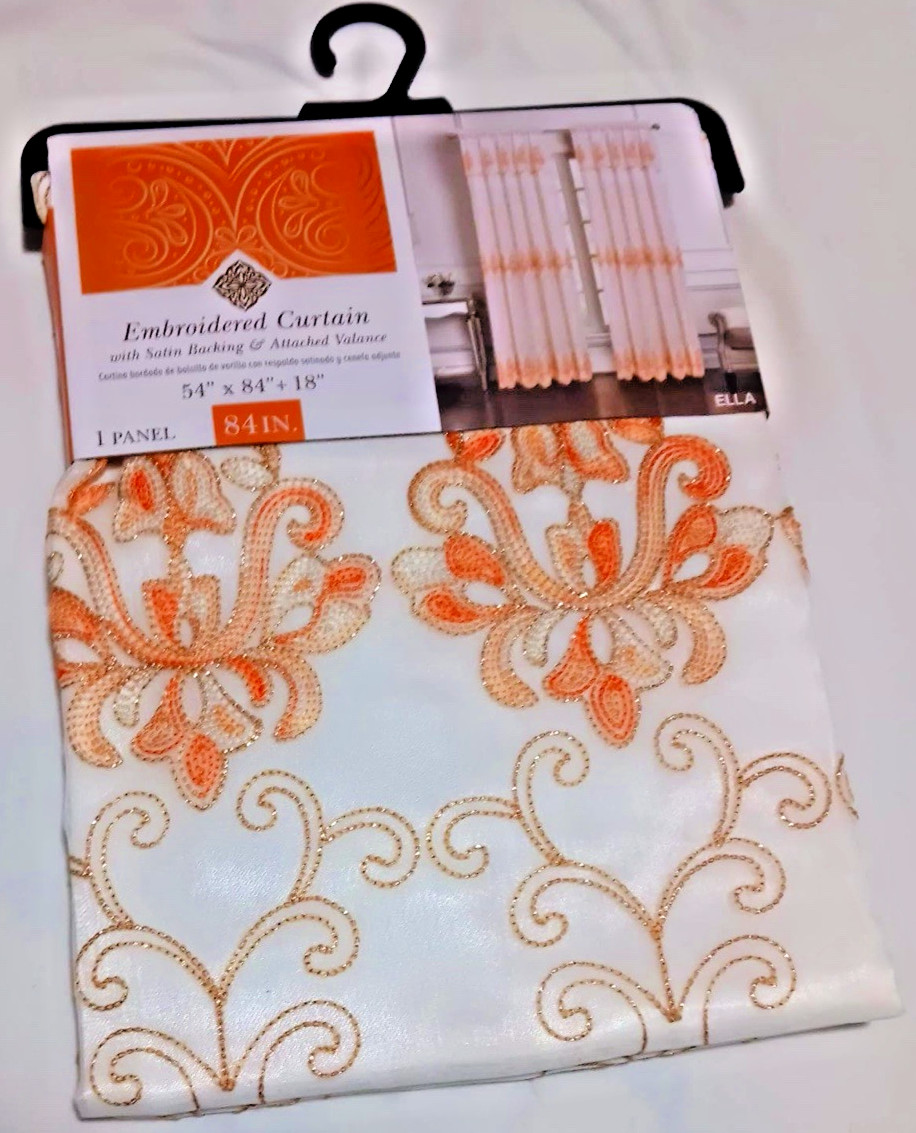 Embroidered Curtain with satin backing & attached valance one panel each orange