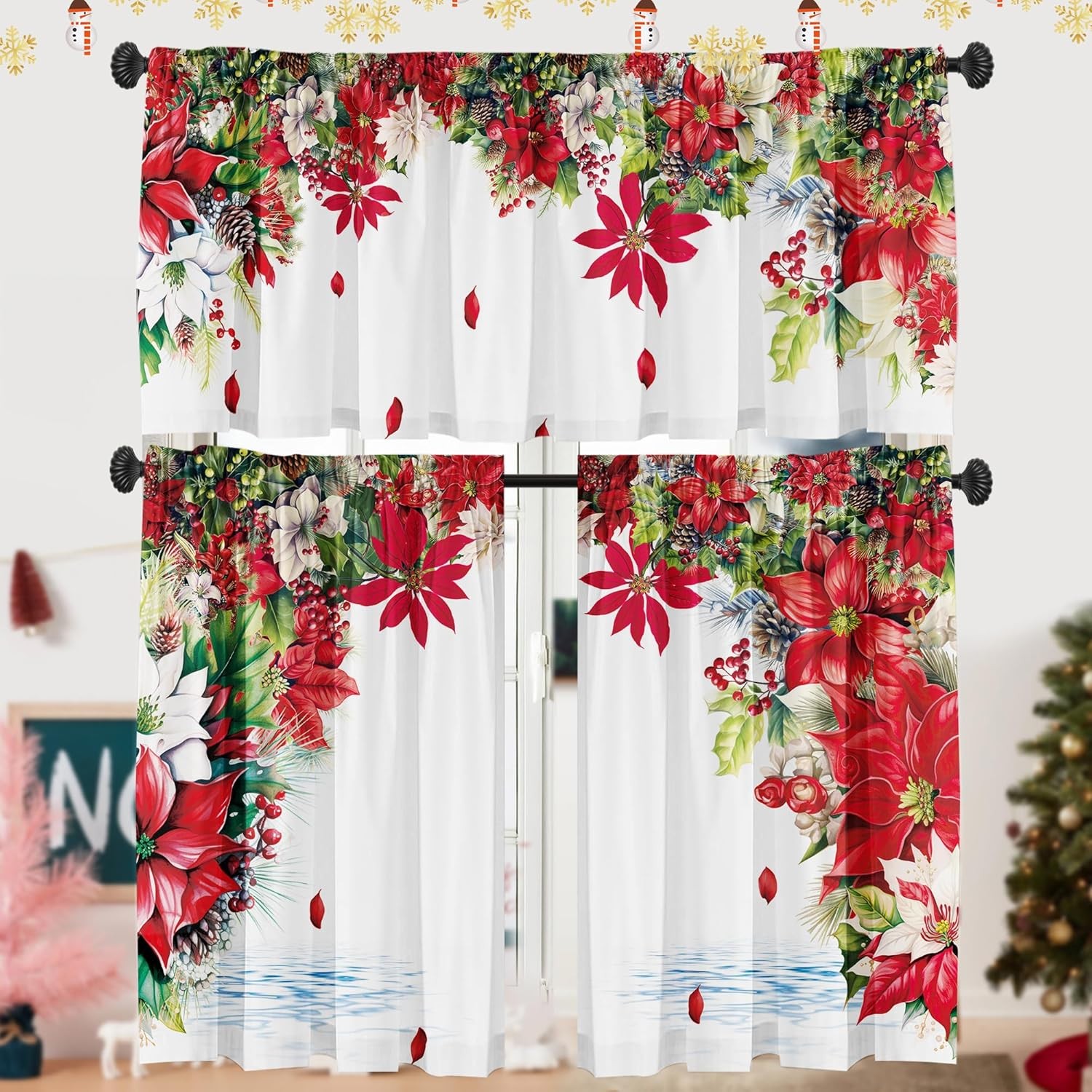 Christmas Poinsettia Curtain Valances 3 Piece Set Upper Curtain 52” Lx18”