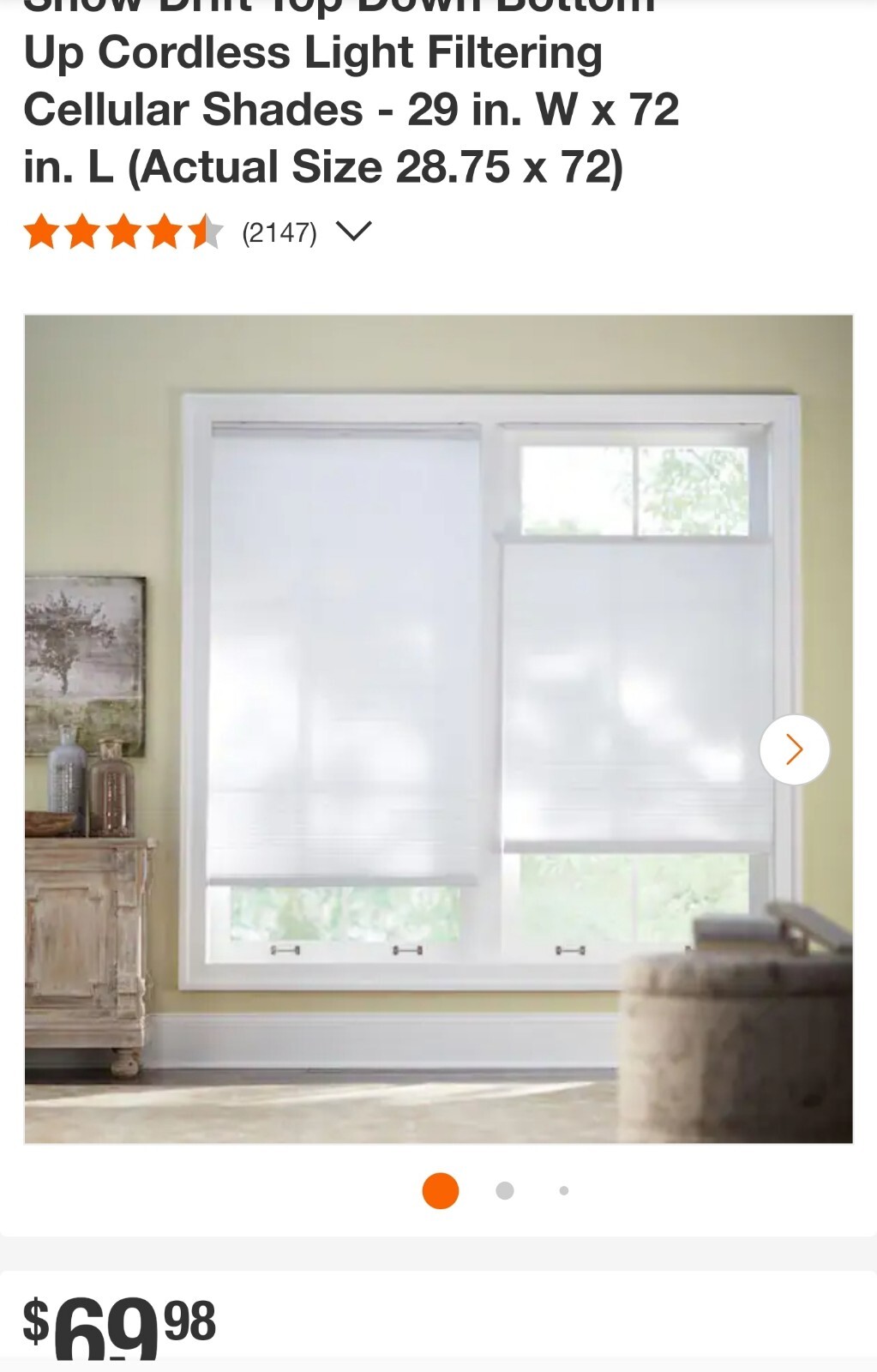 Snow Drift TDBU Cordless Light Filtering Cellular Shade 29 in. W x 72 in. L