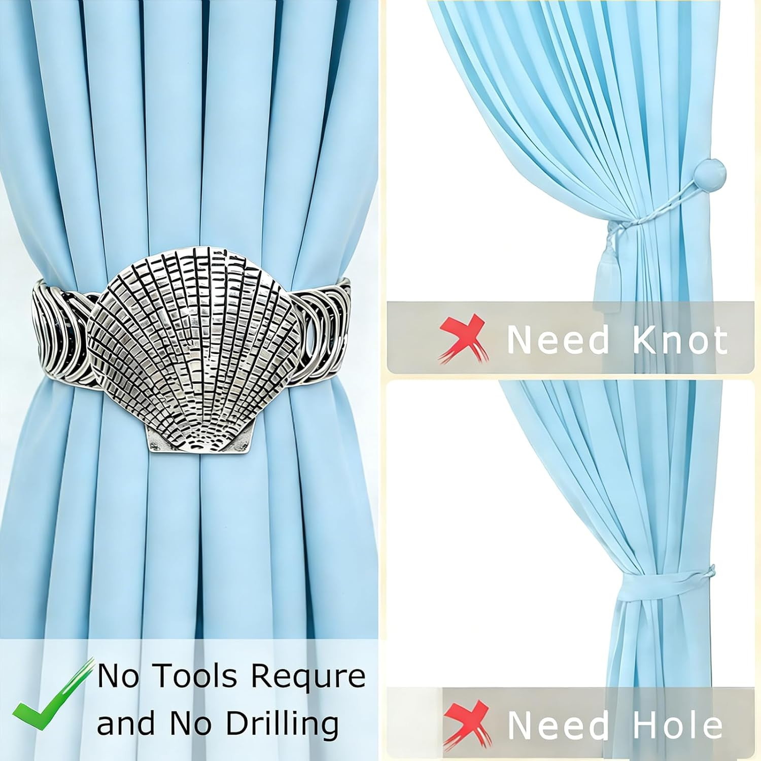 Shell Curtain Tiebacks, 2 Pack Elastic No Drill Curtain Holdbacks,Antique Silver
