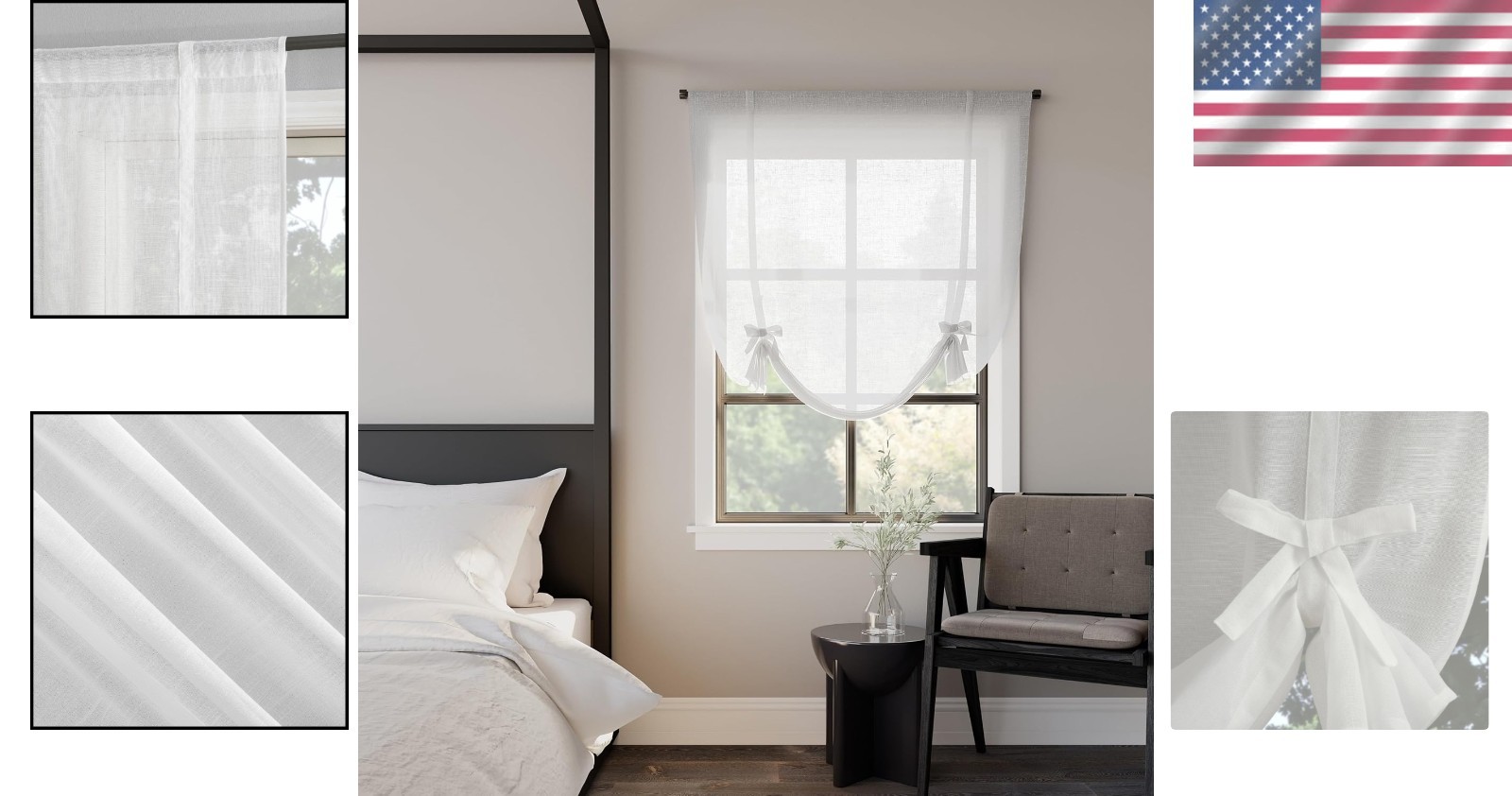 Window Curtain Tie up Balloon Shade Linen Blend Semi-sheer 40×63 White