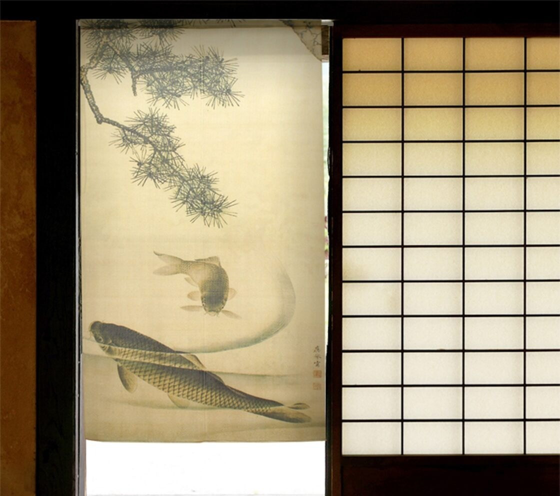 Japanese Art Cultural Noren Curtain Maruyama Okyo “Carp and Pine” Japandi Decor