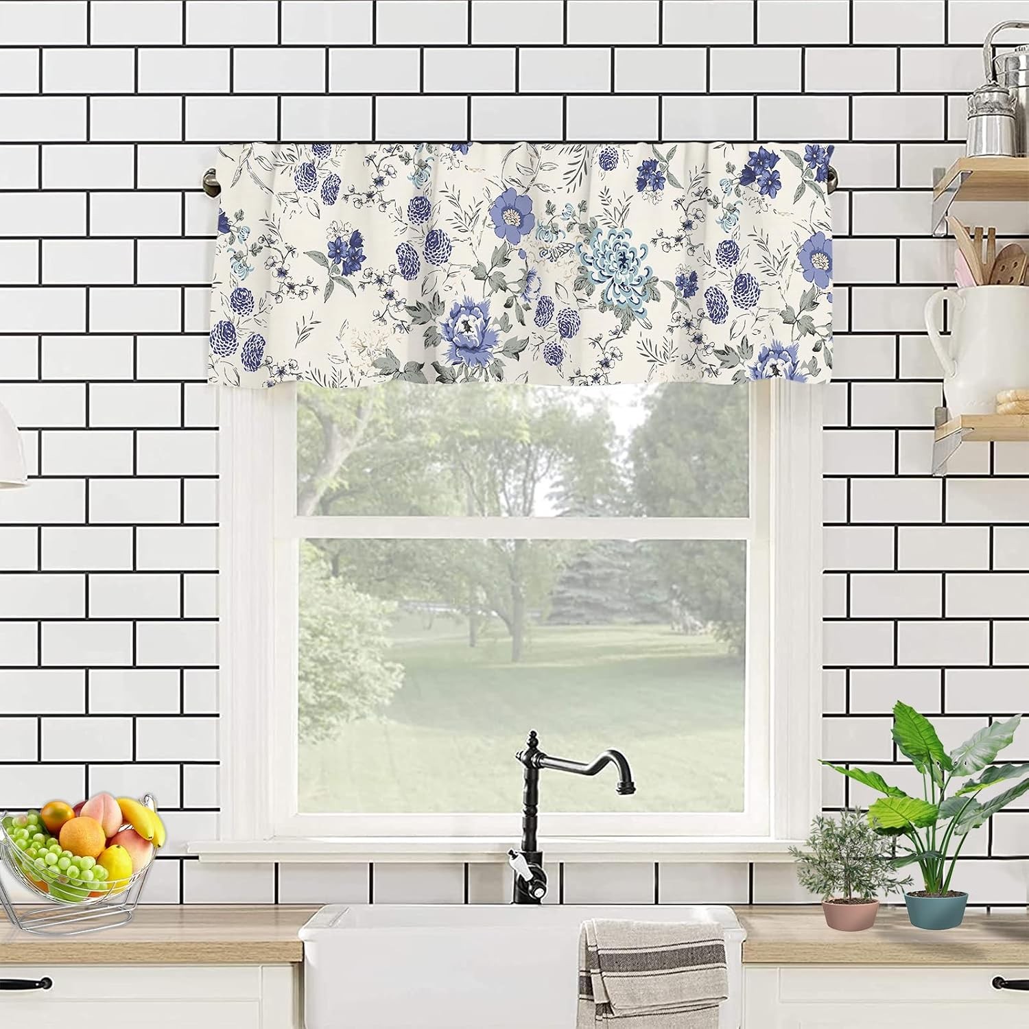 Spring Blue Floral Window Valance French Country Summer Kitchen Curtain