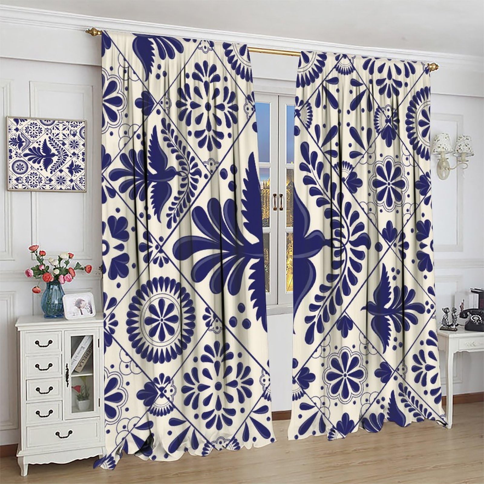 Mexico Curtains, Mexican Traditional Talavera Style Tiles Floral Birds Window…