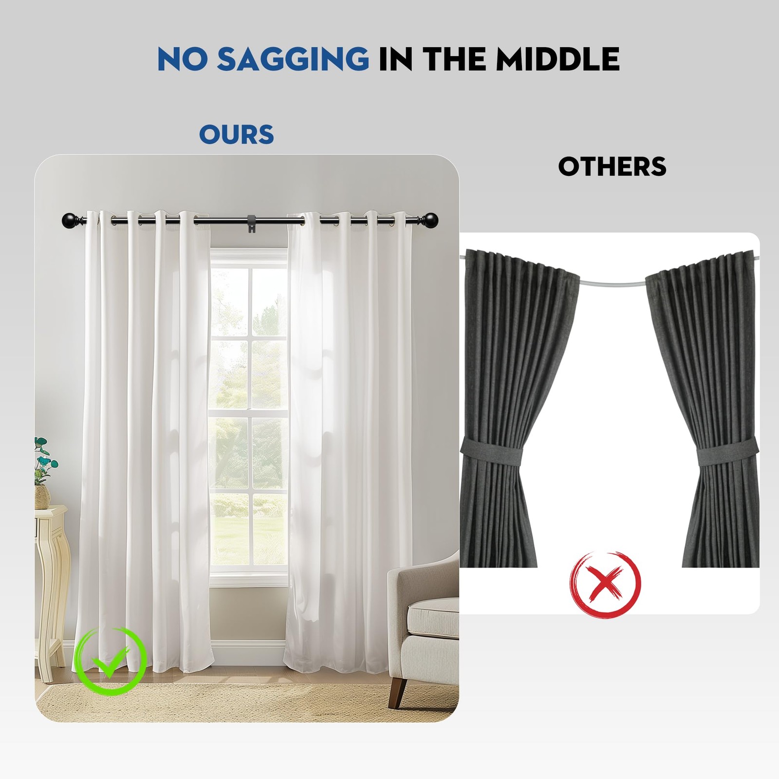 PadPure Black Curtain Rod, Adjustable 66-120 inch, Heavy Duty,1″ Diameter