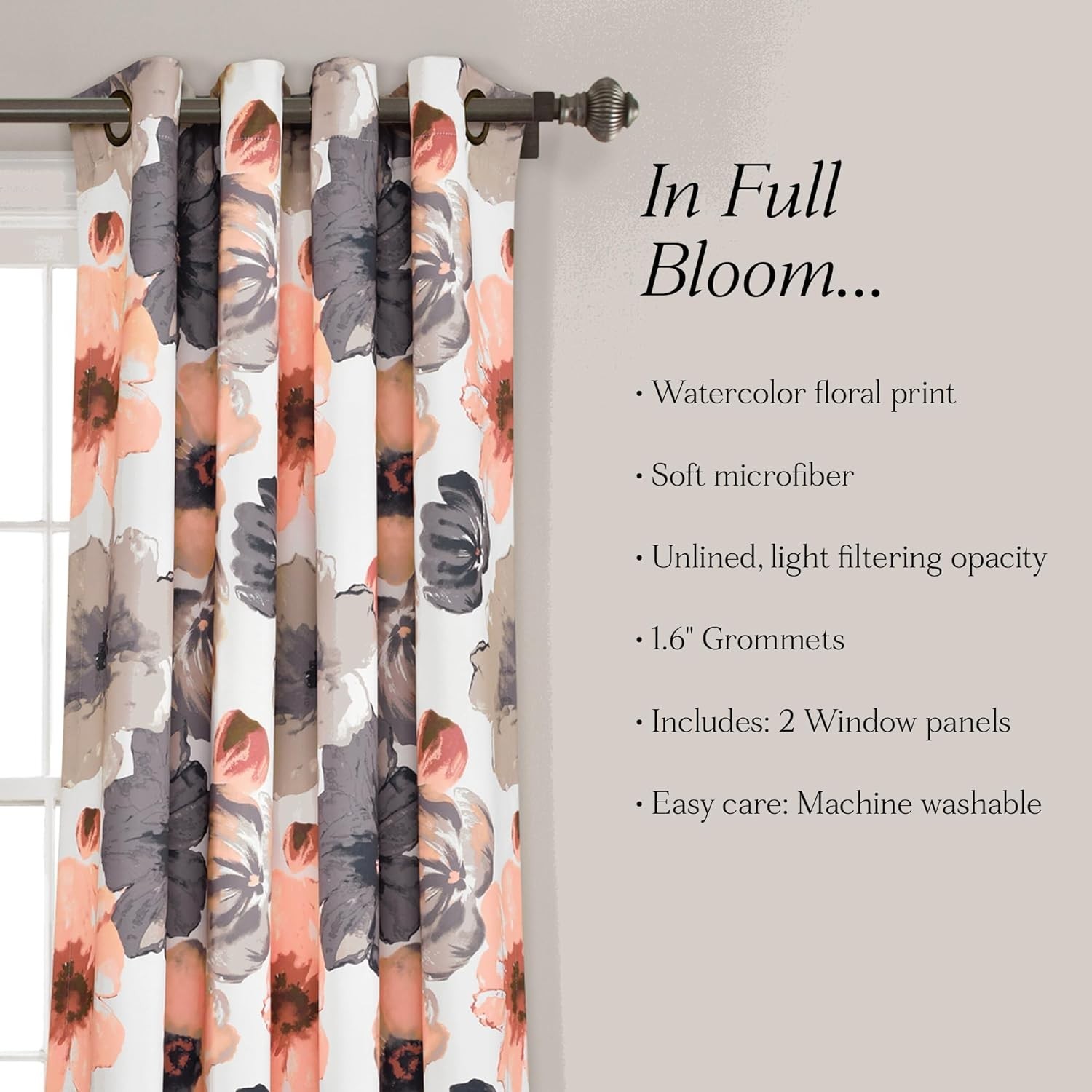 Leah Light Filtering Window Curtain Panels, Pair, 52″ W x 84″ L, Coral & Gray…