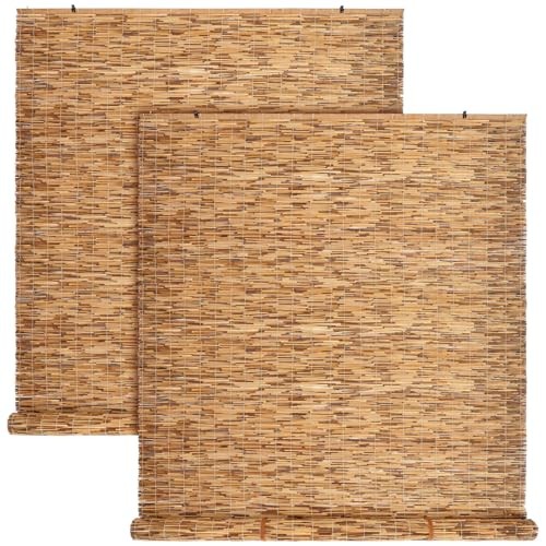 2 Pcs Bamboo Shades Outdoor Reed Roll Up Blinds 48 W x 72 H Blackout Sunshade