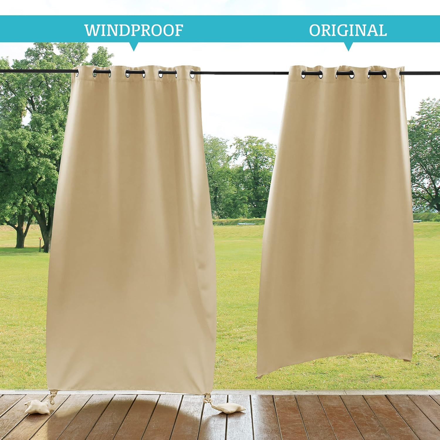 Windproof Outdoor Curtains with Weighted Bags – Beige, 2 Pcs, 52×108 Inch