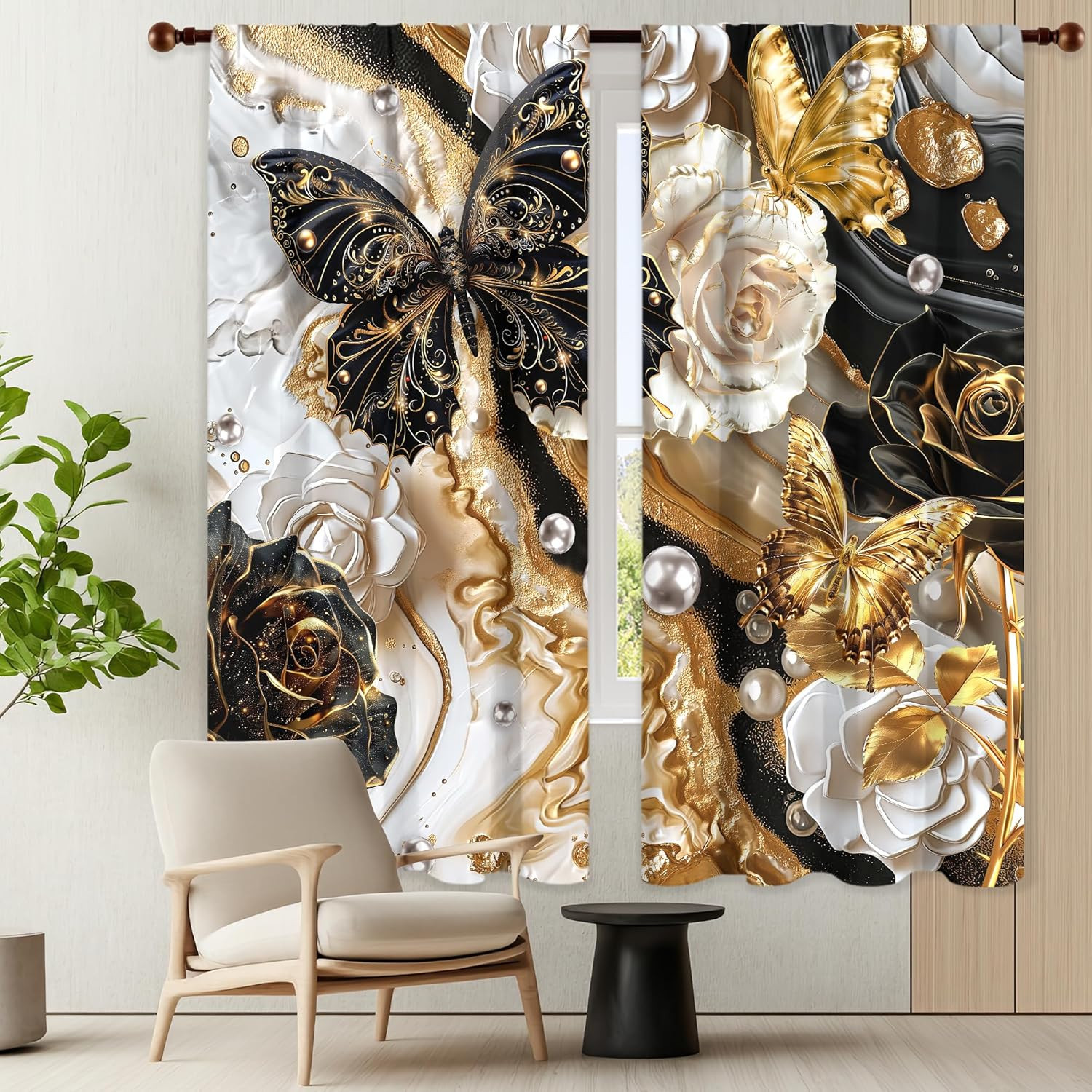 Black and Gold Butterfly Marble Curtains 42Wx63H Inch Abstract Modern Floral Flo