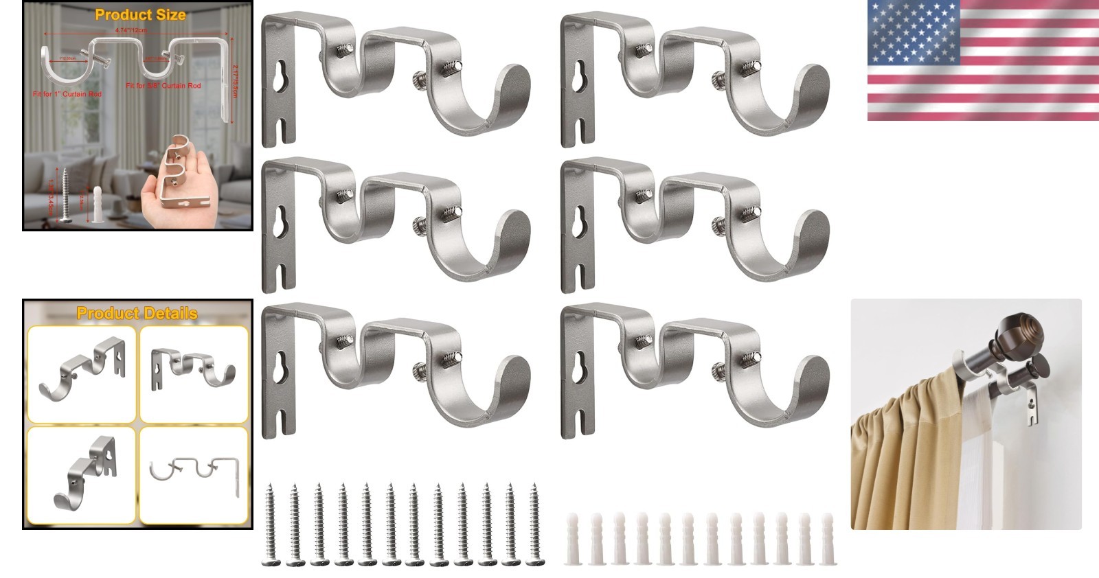 Elegant Silver Double Rod Curtain Bracket Set – Versatile 6-Pack for Home Decor