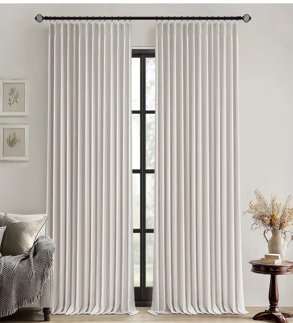 Pinch Pleated 100% Blackout Linen Blend Curtains Lined , Birch Color 40”W X 84”L