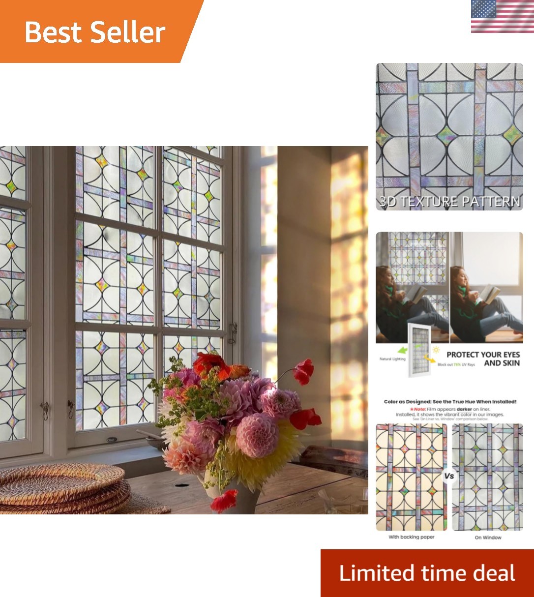 3D Stained Glass Window Film, Decorative Window Privacy Film for Bathroom,Fro…