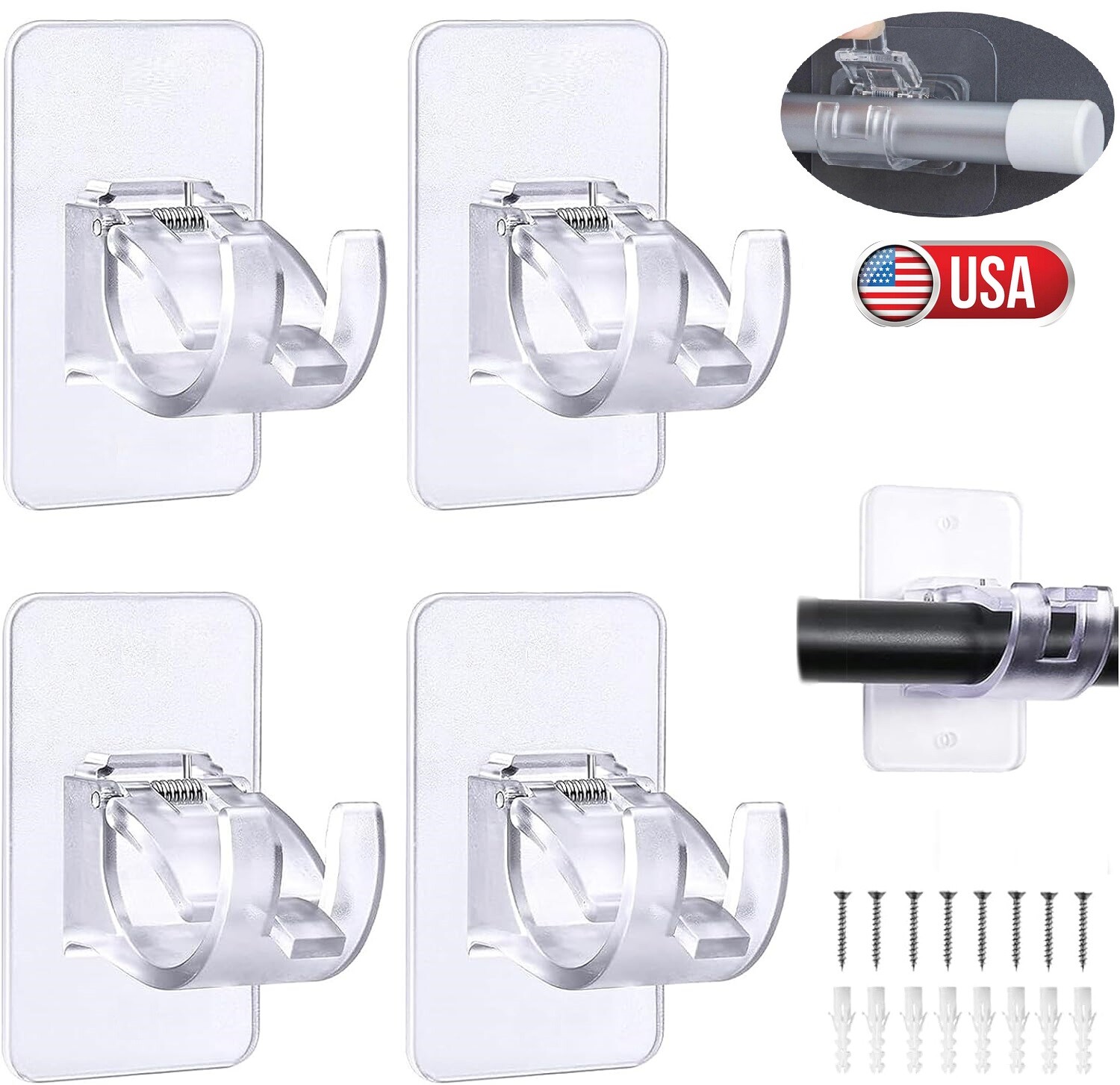 8× Adjustable Nail Free Curtain Rod Clip Brackets Self Adhesive Holder Hooks USA