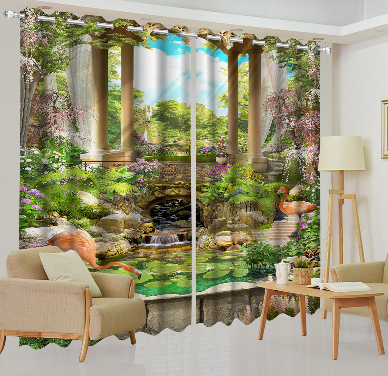 Green Leaf Pink Flamingo 3D 2 Panels Window Curtains Blockout Drapes Fabric