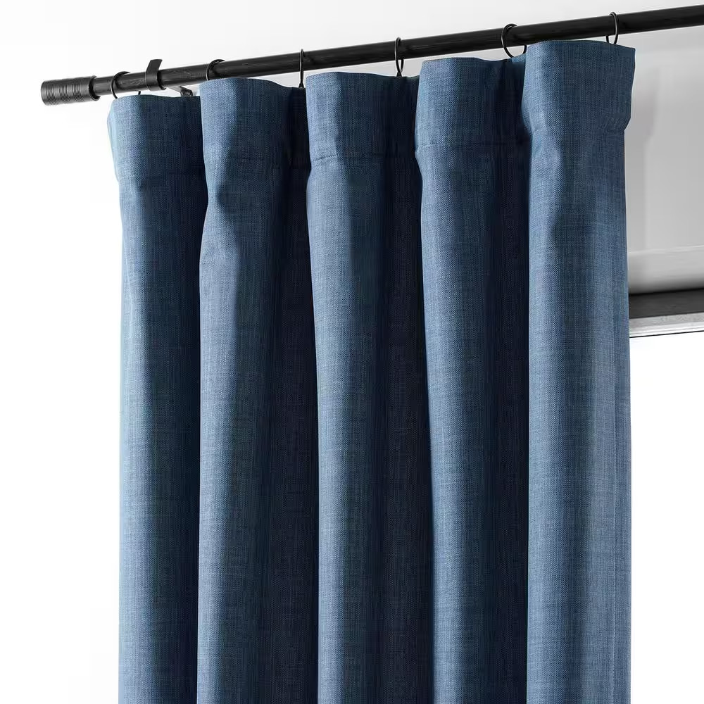 Dark Blue Performance Linen 50 In. W X 96 In. L Rod Pocket Hotel Blackout Curtai