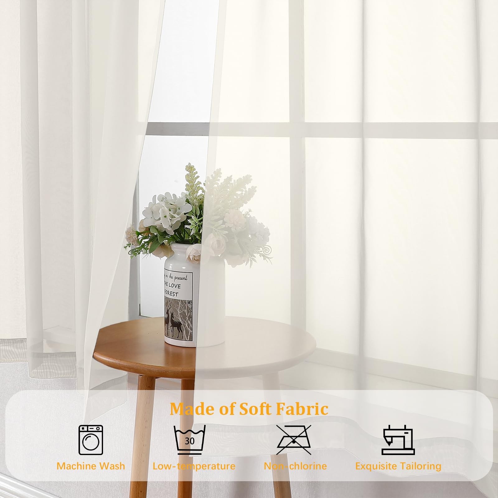 Gwine Sheer Ivory Curtains 96 Inches Long 2 Panels Set, Light Filtering Voile…