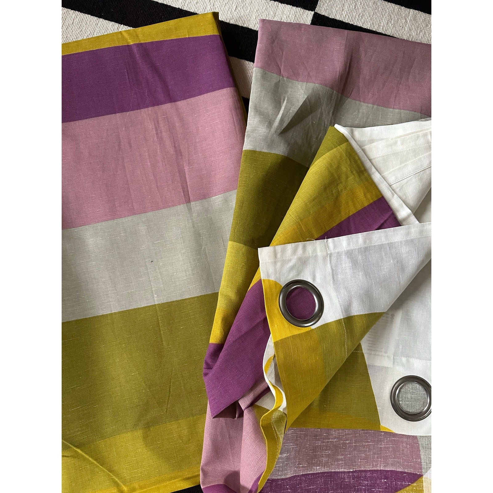 4-IKEA Malin Figur CurtainsGeometric Green Purple Panels set 57×98” Linen cotton