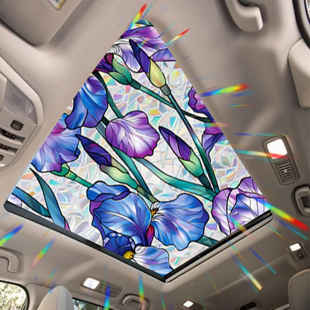 Purple Iris Flowers Sunroof Film Floral Rainbow Effect Static Clings Window Priv