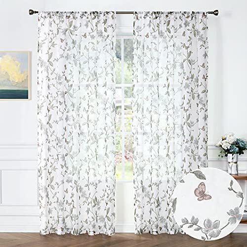 Sheer Floral Curtains Grey Flower Butterfly Printed Bedroom Curtain Rod