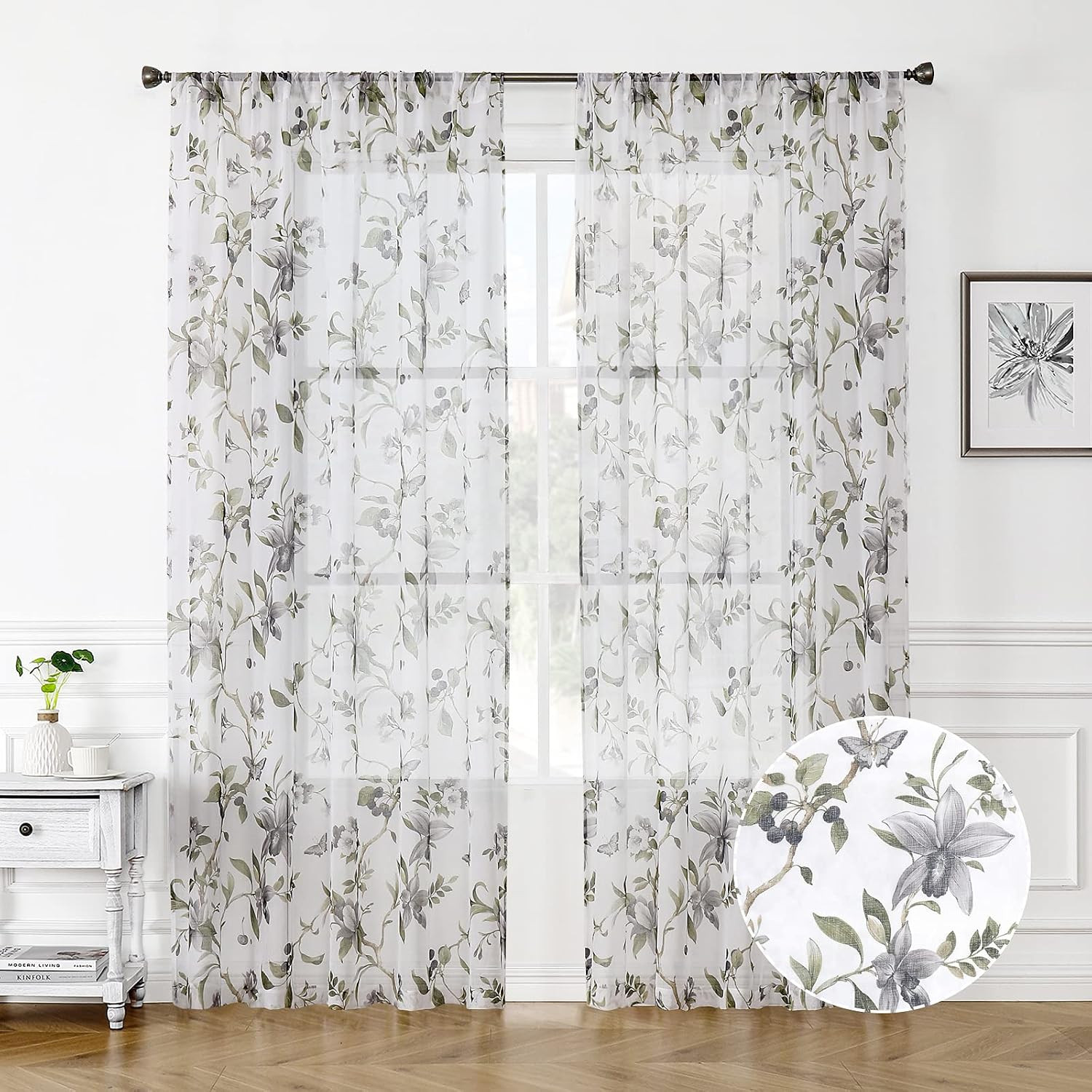 Floral Sheer Curtains Grey Cherry Flower Butterfly Print Bedroom Curtain Rod Poc