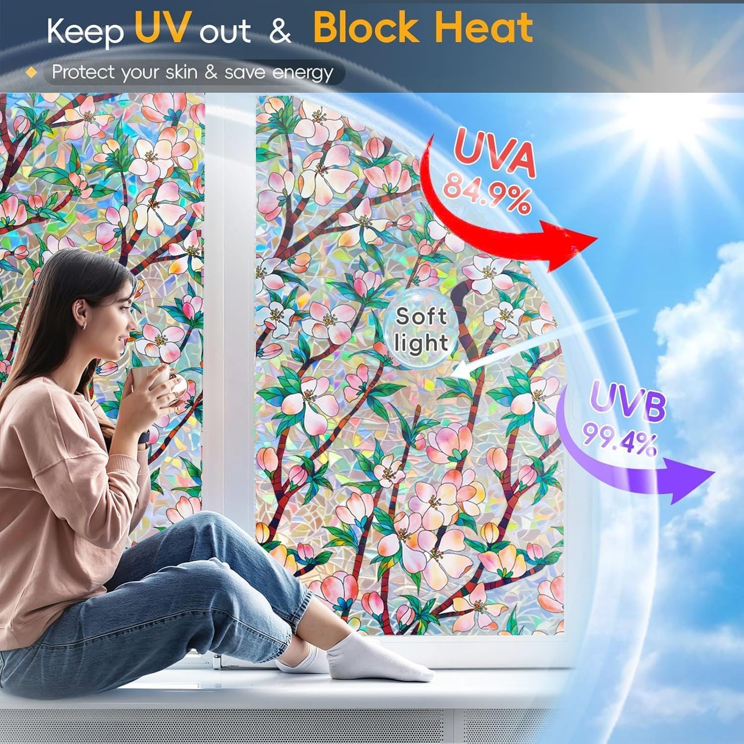Rainbow Privacy Window Film, 3D Stained Glass Decals, Static 17.5 x 78.74 inches