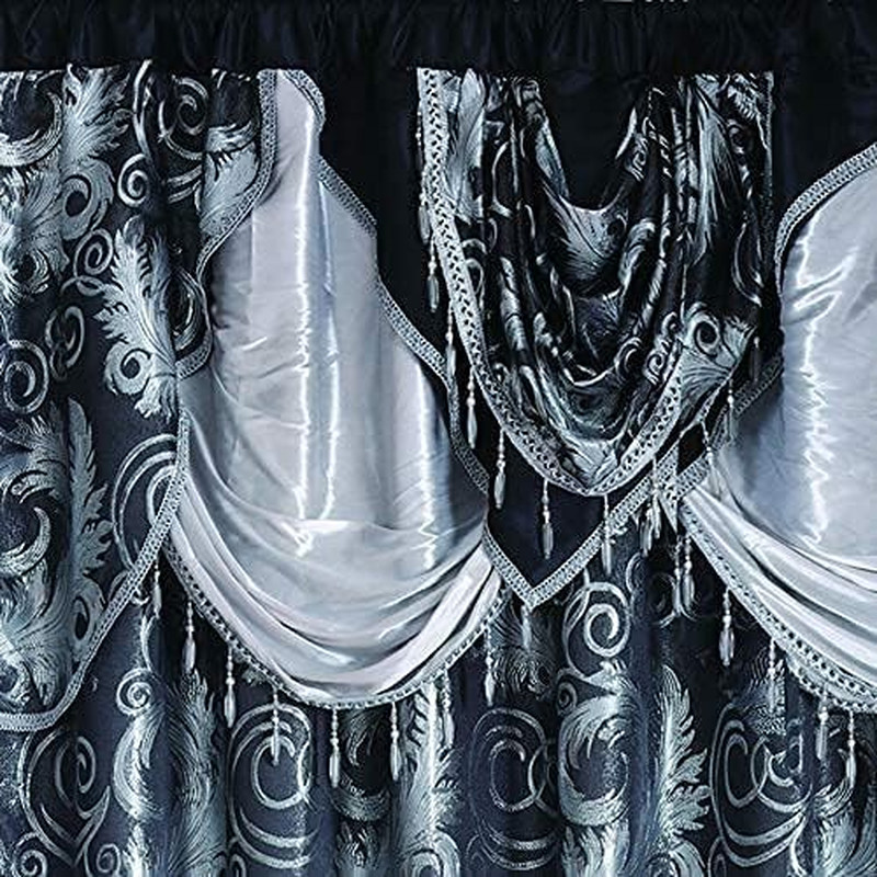 Jacquard Luxury Window 2 Panel Set Black Curtain with Attached Valance and Backi