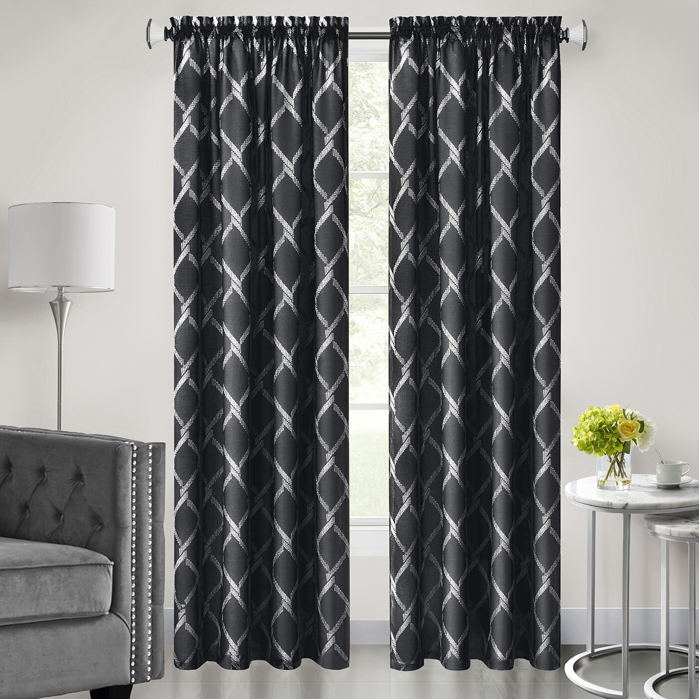 Black Window Panels Double Layer Light Filter Modern Moroccan Trellis Curtains