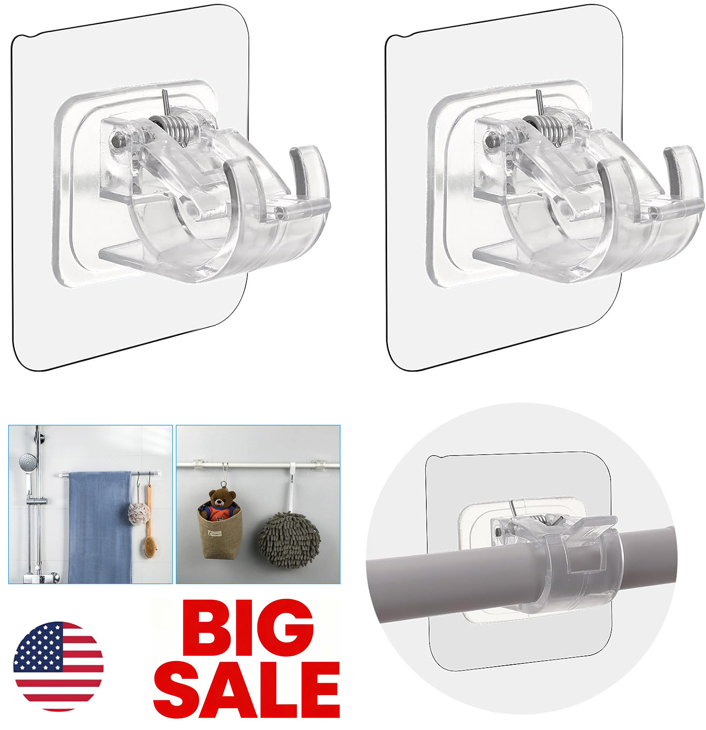 2Pcs Nail Free Adjustable Curtain Rod Clip Brackets Self Adhesive Holder Hooks