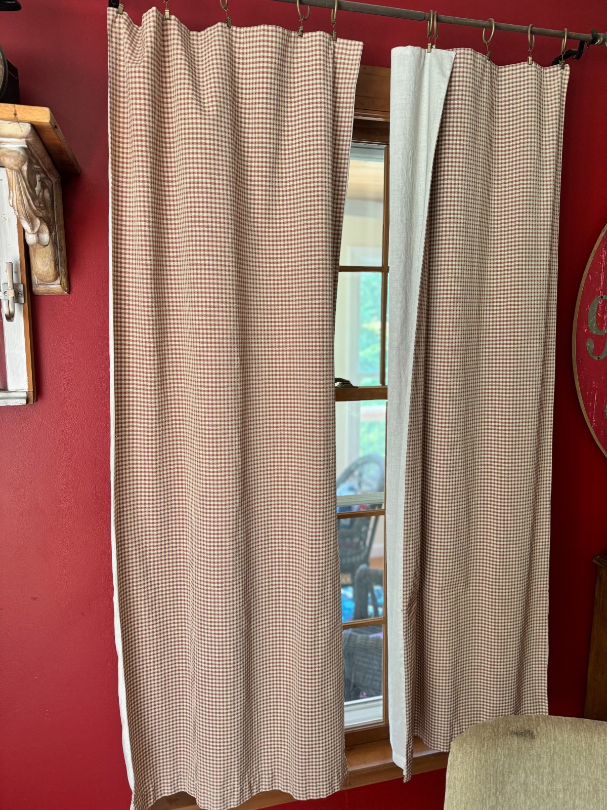 Primitive 81″ by 53″ Panel Burgandy/Tan/Green lined Rod Pocket Window Curtains