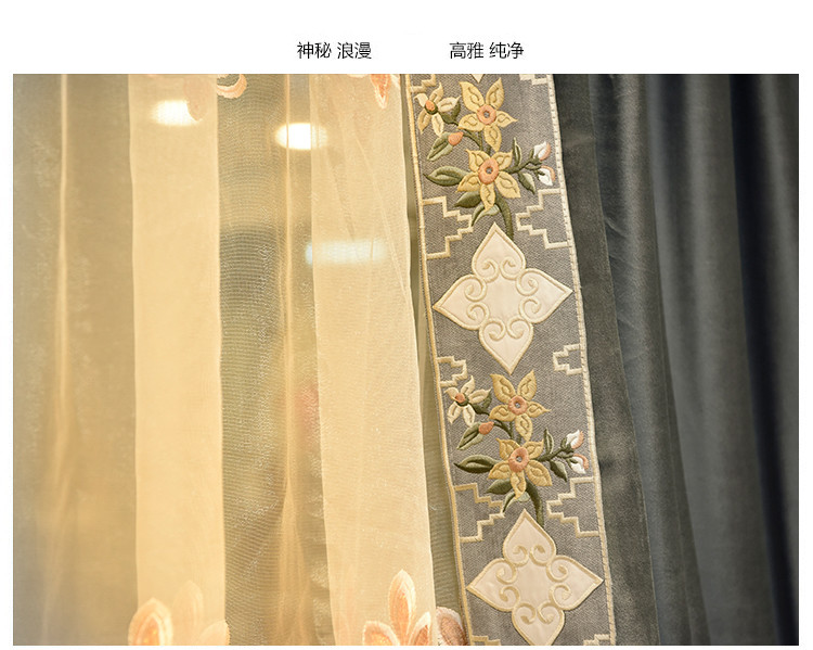 Custom European Simple grey French velvet embroidered lace curtain N043