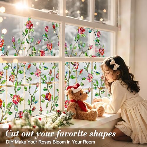 Stained Glass Window Privacy Film:3D Rose Bathroom 16.9 x 39.4IN Red