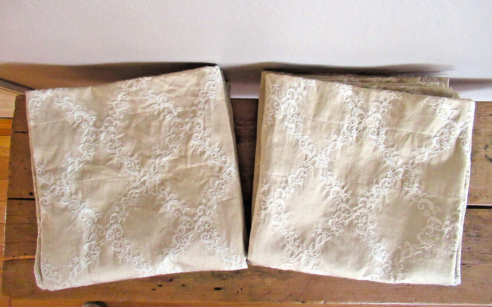 2 Damask Drapery Panels Tan Medium Weight Cotton Blend Unlined Custom Look 85″ L