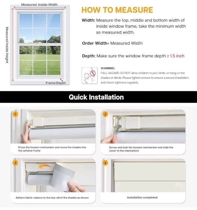 LazBlinds No Drill Blinds for Indoor Windows Blackout Roller Shades 31.5″ x 72″