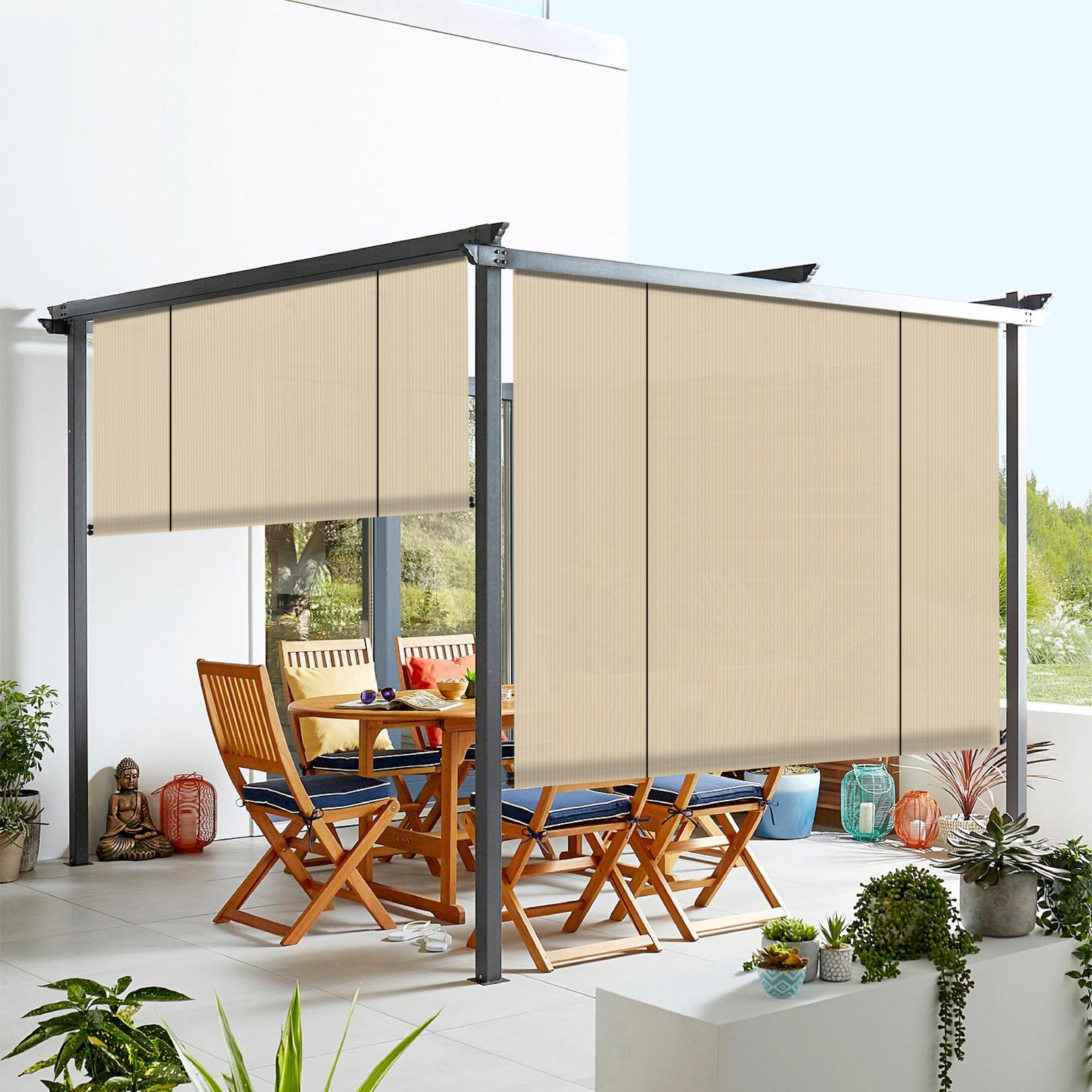 Beige Roll up Shade Roller Curtain For Patio Porch Pergola Balcony Yard Outdoor