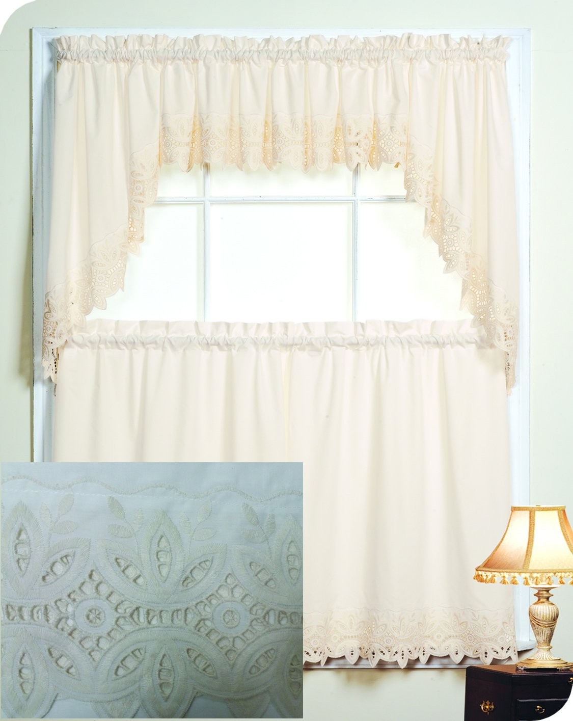 Fancy Collection 3pc Off White/Beige with Embroidered Kitchen/Cafe Curtain Ti…