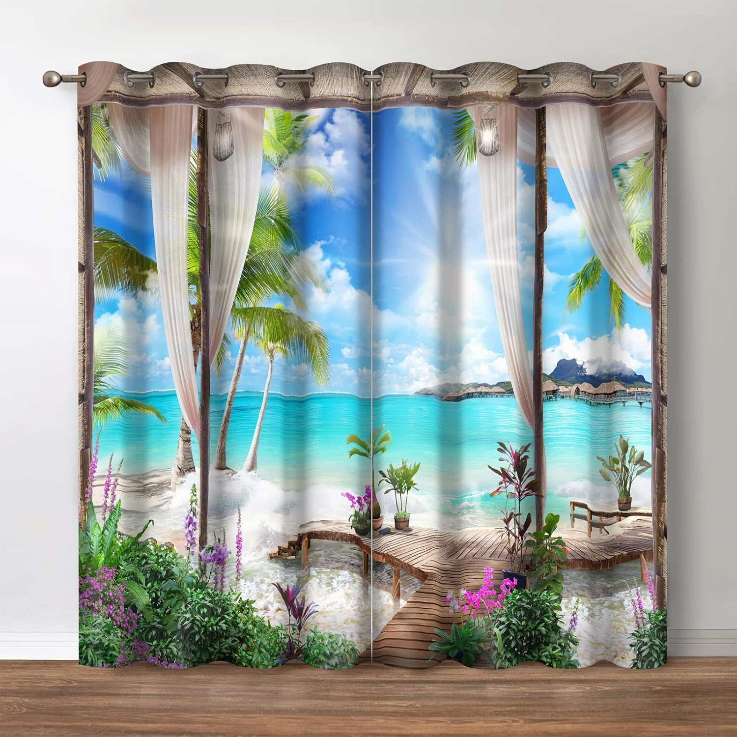 Tropical Ocean Blackout Curtains 52×84 Palm Tree Beach Window Drapes Set