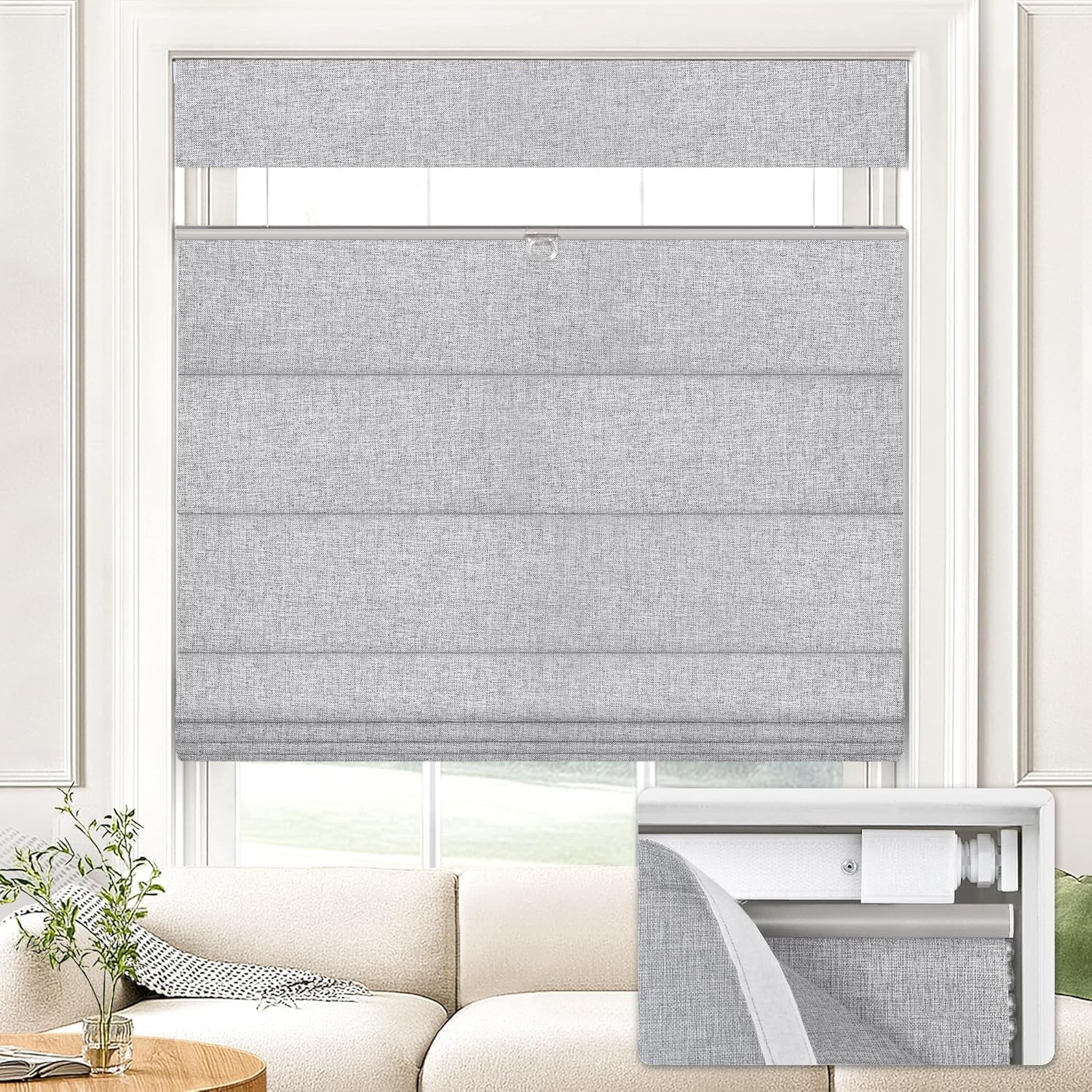 No Drill Top Down Bottom Up Roman Shades for Windows, 34″ W x 64″ H, Grey