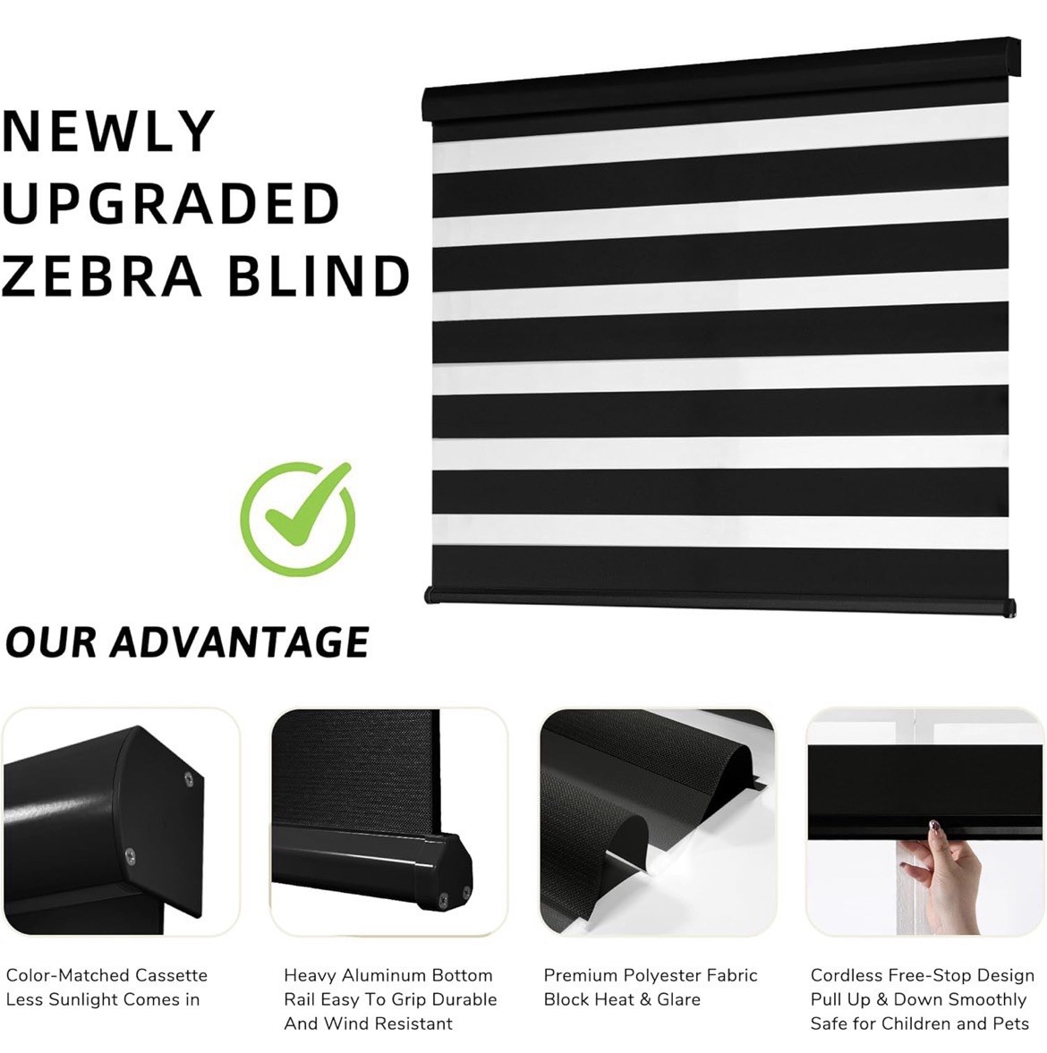 Cordless Zebra Blinds 53×72 Black Dual Layer Light Filtering Roller Shades