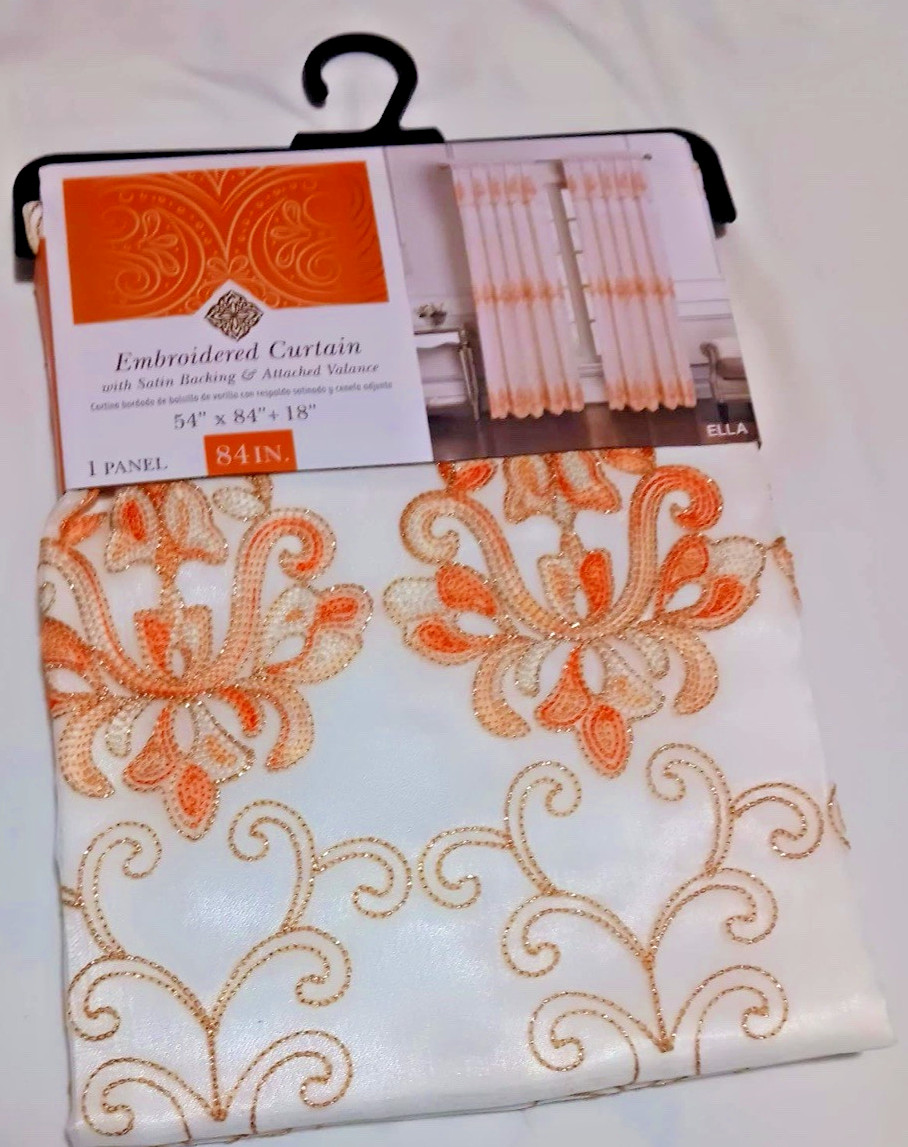 Embroidered Curtain with satin backing & attached valance one panel each orange