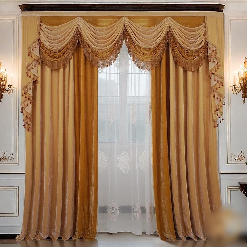 luxury European yellow Embroidery valance livingroom Velvet curtain tulle M1775