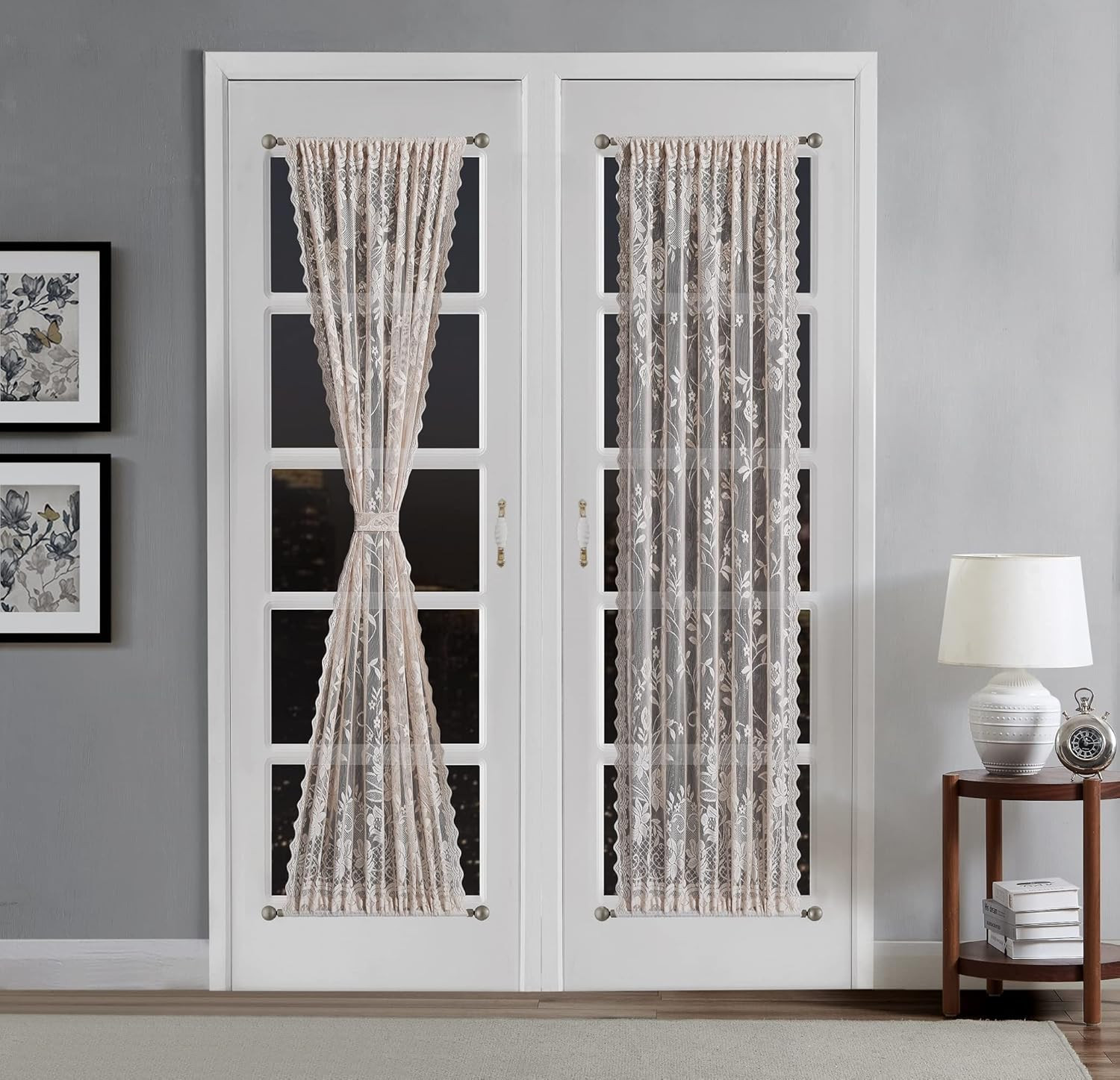 Pair of 2 Gold Linen Color Lace French Door Curtain Panels Are 30 Inch Wide by 7