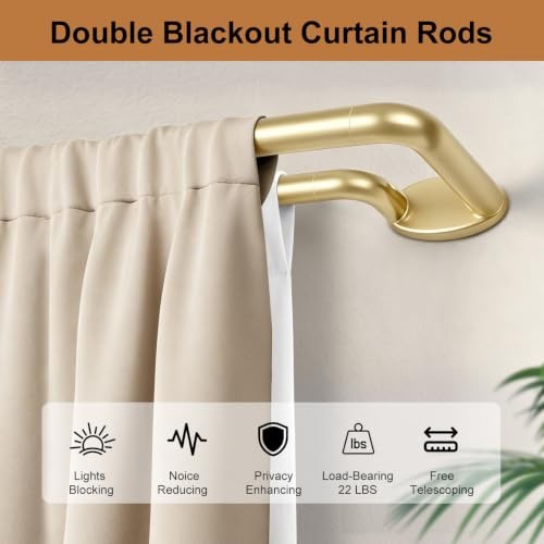 Blackout Double Curtain Rods for Windows 72 to 144 Inches | Heavy 72-150″ Gold