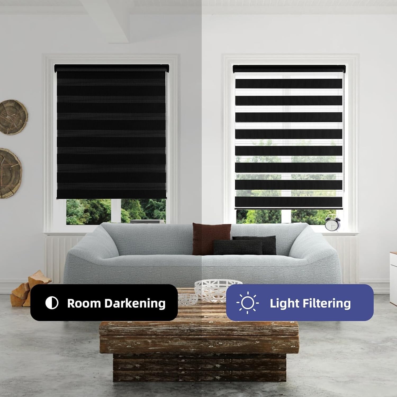 Zebra Blinds for Windows Dual Layer Roller Window Shades 41”x72” Black