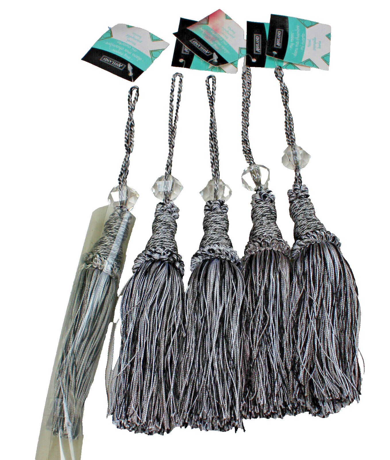 5 LOT ASHLAND MY ROOM 11” SINGLE TASSELS SHINY BLACK & SILVER W/ CLEAR BEAD