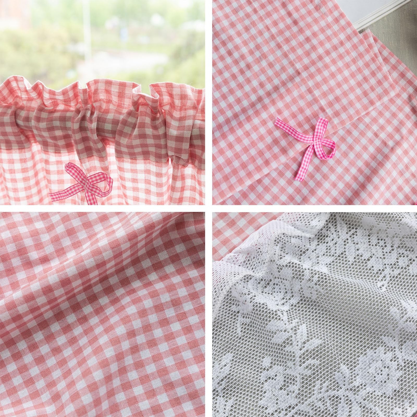 Huierxun Pink and White Buffalo Check Plaid Tier Curtains Floral Lace Semi Sh…