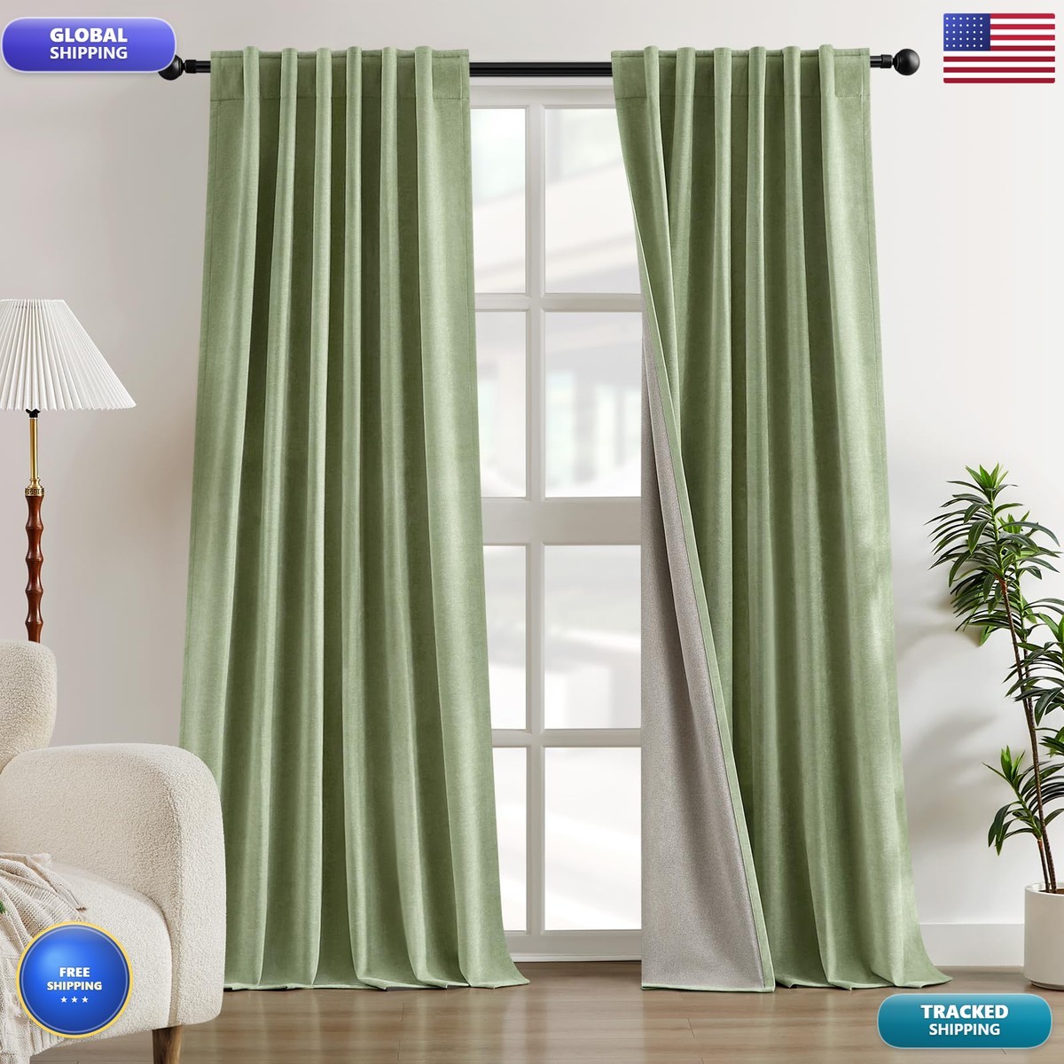 HOMEIDEAS Chenille Blackout Curtains Sage Green 96″ 2 Panels W52 x L96 Rod