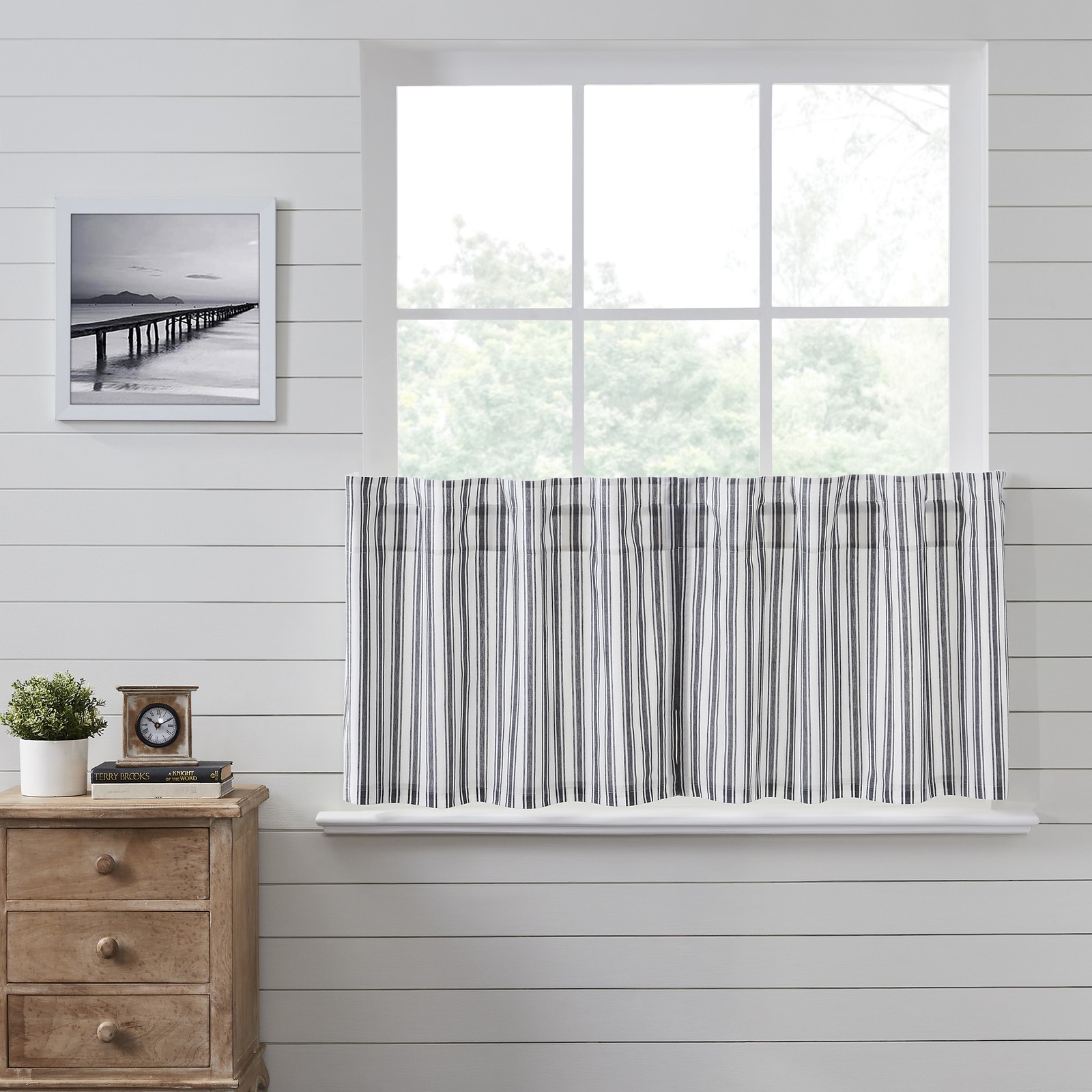 Farmhouse 24″x36″ Tier Pair Black Rod Pocket Kitchen Window Curtains VHC Brands